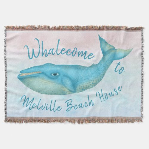 Beach House Blue Whale Nautical Whalecome  Name Throw Blanket