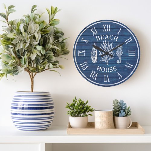 Beach House Blue Wood Coral Seahorse Large Clock