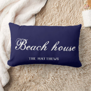 Beach House Boat Navy Blue Custom Coordinates Lumbar Pillow