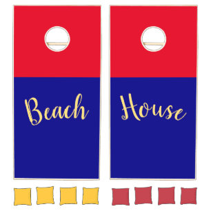 BEACH HOUSE Bright Red Royal Blue Color Block Cornhole Set