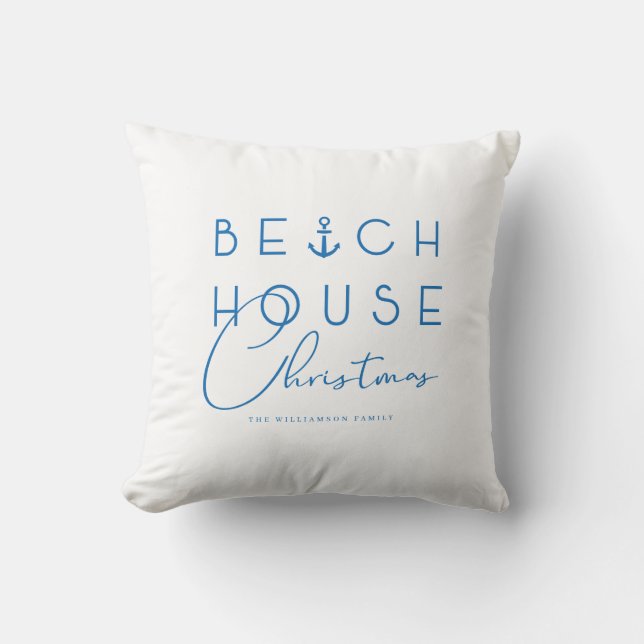 Beach House Christmas Coastal Blue Nautical Ocean Throw Pillow (Front)