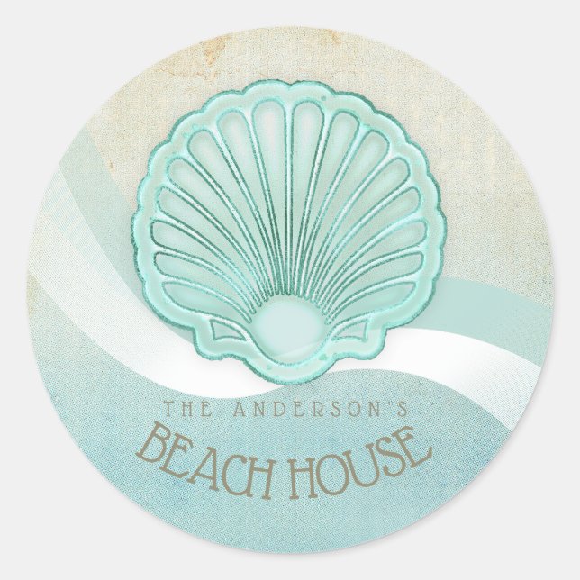 Beach House Clam Shell Aqua Blue ID623 Classic Round Sticker (Front)