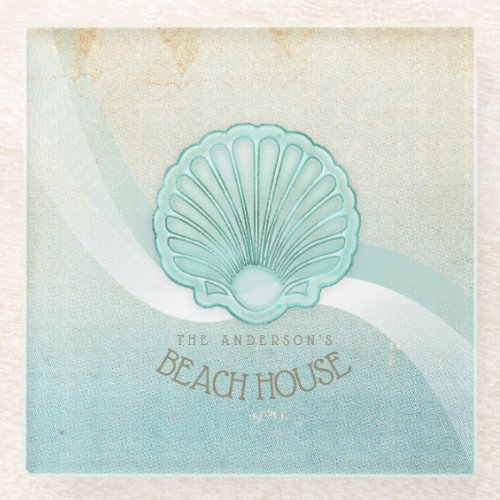 Beach House Clam Shell Aqua Blue ID623 Glass Coaster