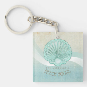 Beach House Clam Shell Aqua Blue ID623 Keychain