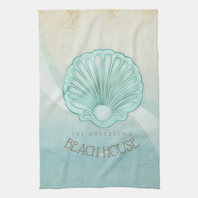 Beach House Clam Shell Aqua Blue ID623 Kitchen Towel (Vertical)