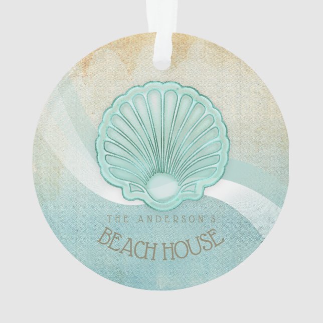 Beach House Clam Shell Aqua Blue ID623 Ornament (Back)