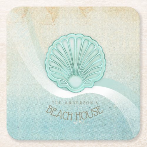 Beach House Clam Shell Aqua Blue ID623 Square Paper Coaster