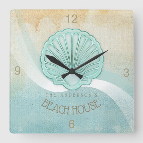 Beach House Clam Shell Aqua Blue ID623 Square Wall Clock