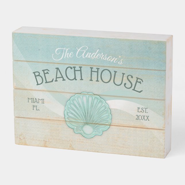Beach House Clam Shell Aqua Blue ID623 Wooden Box Sign (Angled Horizontal)
