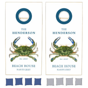 Beach House Coastal Blue Crab Family Name Cornhole Set