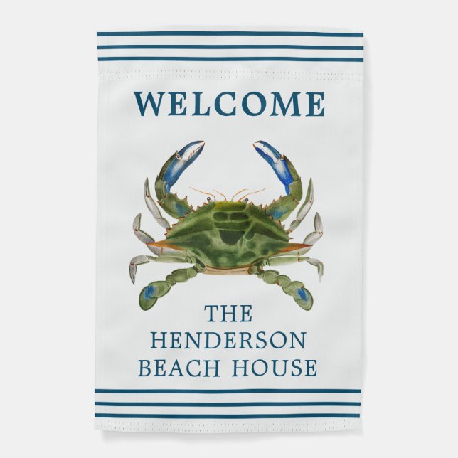 Beach House Coastal Blue Crab Name Garden Flag (Front)