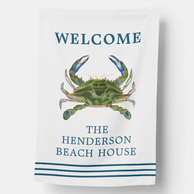 Beach House Coastal Blue Crab Name  House Flag (Front)