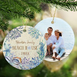 Beach House Coastal Christmas Photo Ceramic Ornament<br><div class="desc">This Beach House coastal Christmas ornament has the family name and year on the front, with a family photo on the back. The coastal design features a watercolor underwater coral reef, with a cute seahorse, crab, seaweed and coral, starfish and seashells. If you need more matching products, please visit the...</div>