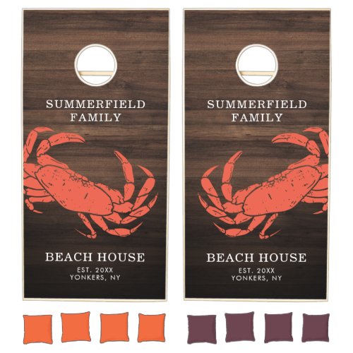 Beach House Coastal Crab Retreat Wood Family Name Cornhole Set