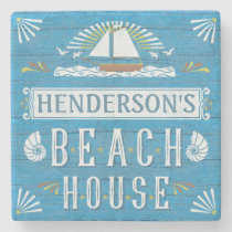 Beach House Coastal Nautical Sailboat Custom Name Stone Coaster
