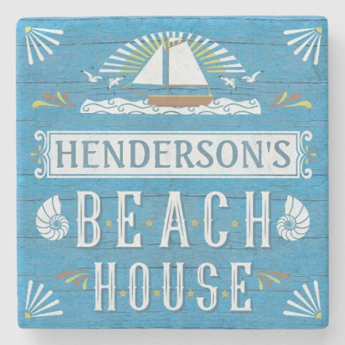 Beach House Coastal Nautical Sailboat Custom Name Stone Coaster