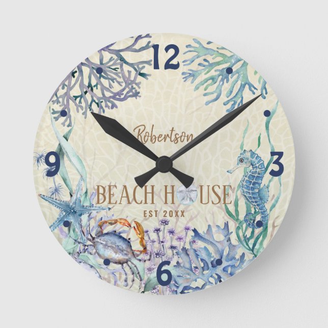 Beach House Coastal Ocean Personalized Round Clock (Front)