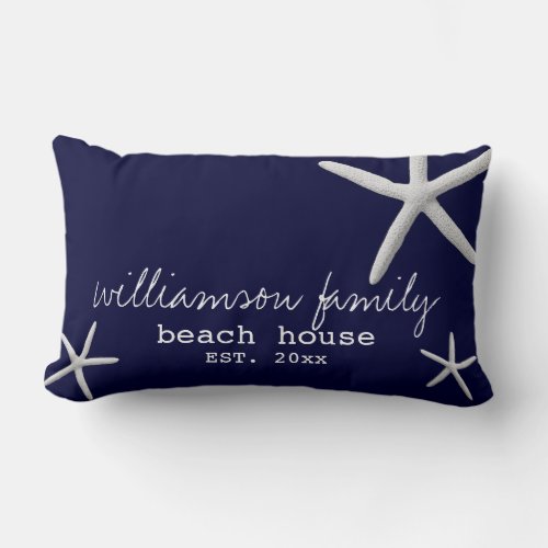 Beach House Coastal Starfish Navy Blue Lumbar Pillow