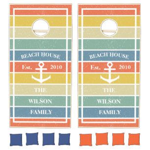 Beach House Colorful Sunset Est Year Family Name Cornhole Set