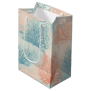 Beach House Coral Blue Beige Coastal Medium Gift Bag
