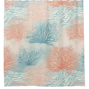 Beach House Coral Blue Beige Coastal Shower Curtain