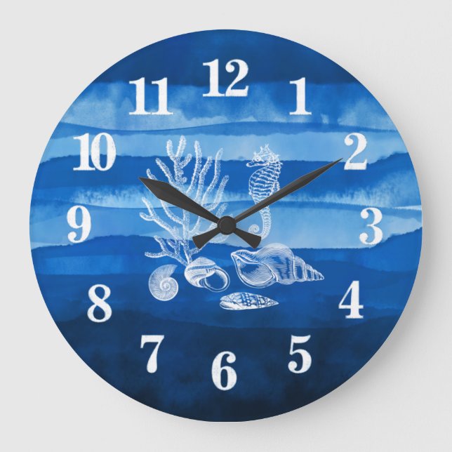 Beach House Coral Seahorse Blue Large Clock (Front)