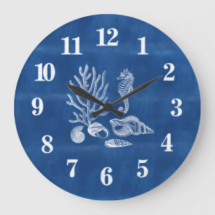 Beach House Coral Seahorse Ocean Blue Large Clock