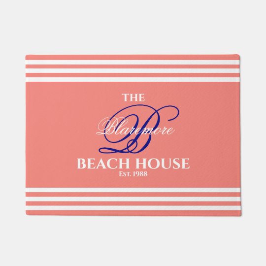 Beach House Coral White Stripes Navy Blue Initial Doormat