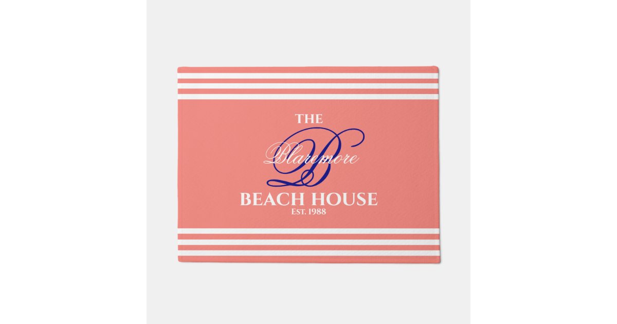 Beach House Coral White Stripes Navy Blue Initial Doormat Zazzle Com