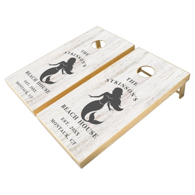 Beach House Cornhole Set with Wooden Plank Texture (Angled)