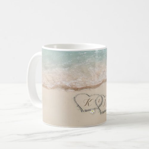 Beach House Couples Initials Coffee Mug - Beach themed mug featuring a summer vintage sandy beach with two hearts in the shoreline, and you and your partners initials. You will find matching items further down the page, if however you can't find what you looking for please contact me.