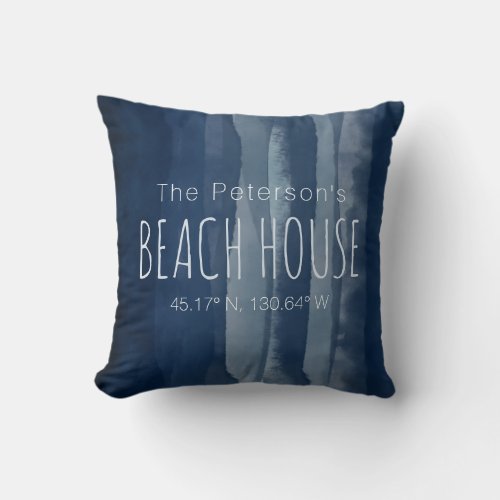 Beach House Custom Coordinates Navy Throw Pillow