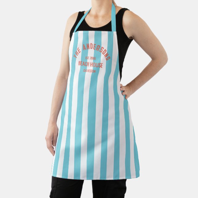 Beach House Custom Name Blue Cabana Stripe Apron (Insitu)