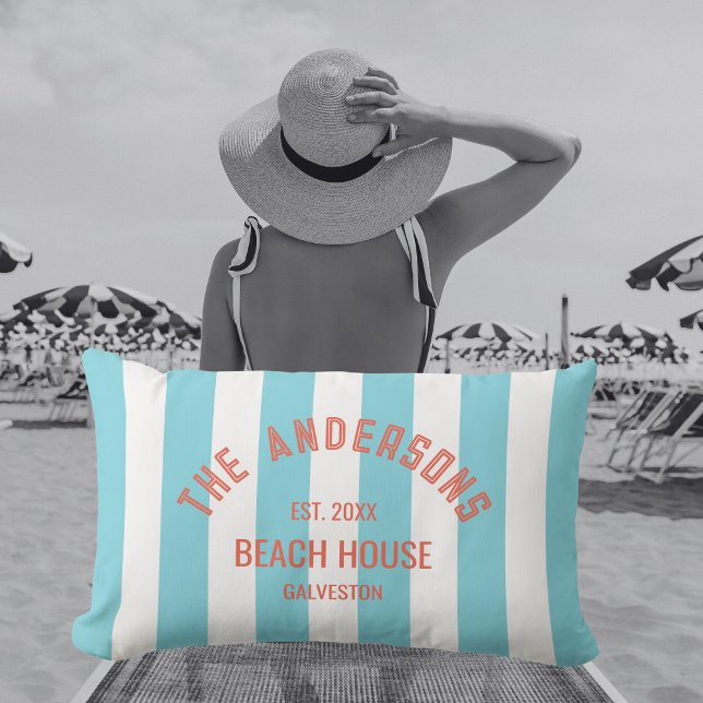 Beach House Custom Name Blue Cabana Stripe Lumbar Pillow (Creator Uploaded)