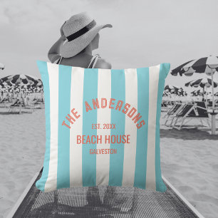 Beach House Custom Name Blue Cabana Stripe Outdoor Pillow
