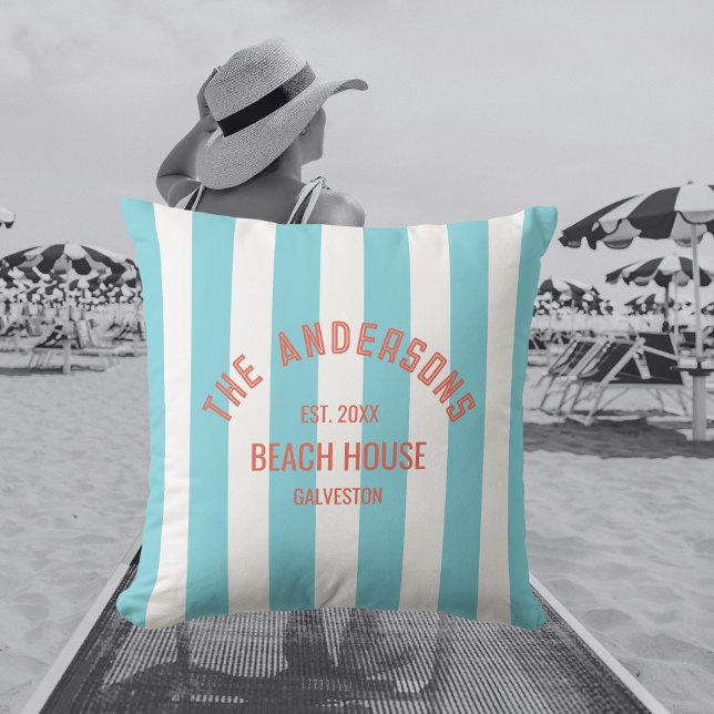 Beach House Custom Name Blue Cabana Stripe Outdoor Pillow (Creator Uploaded)