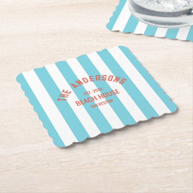 Beach House Custom Name Blue Cabana Stripe Paper Coaster (Angled)