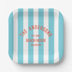 Beach House Custom Name Blue Cabana Stripe Paper Plates