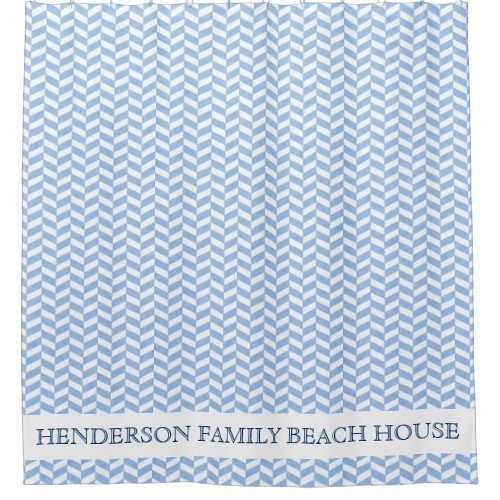 Beach House Custom Name Herringbone Blue White Shower Curtain