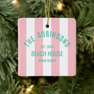 Beach House Custom Name Pink Cabana Stripe Ceramic Ornament