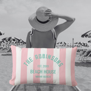 Beach House Custom Name Pink Cabana Stripe Lumbar Pillow