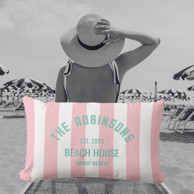 Beach House Custom Name Pink Cabana Stripe Lumbar Pillow (Creator Uploaded)