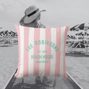 Beach House Custom Name Pink Cabana Stripe Outdoor Pillow