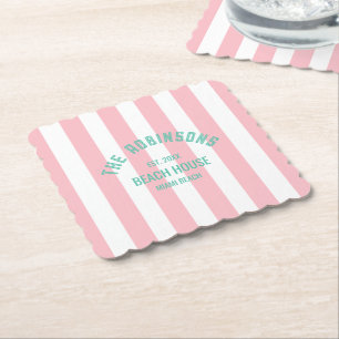 Beach House Custom Name Pink Cabana Stripe Paper Coaster