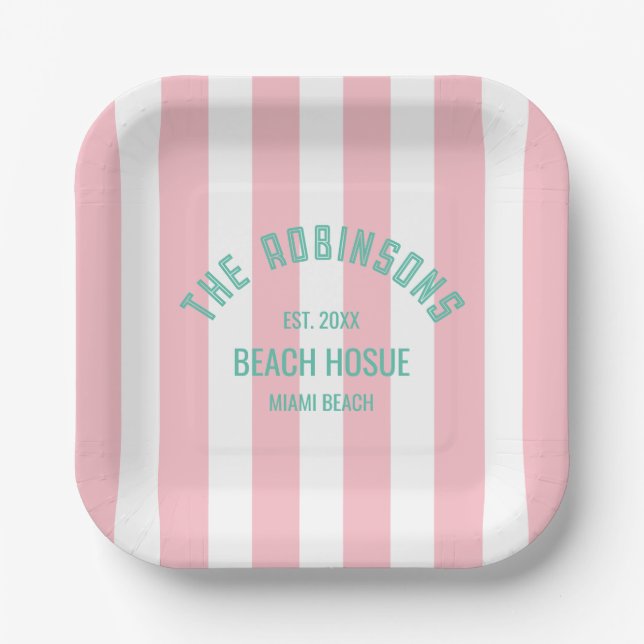Beach House Custom Name Pink Cabana Stripe Paper Plates (Front)