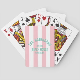Beach House Custom Name Pink Cabana Stripe Poker Cards