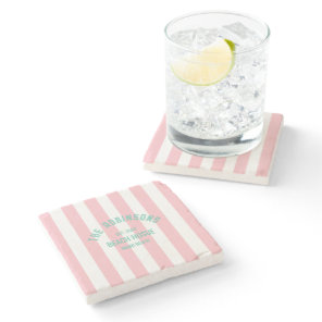 Beach House Custom Name Pink Cabana Stripe Stone Coaster