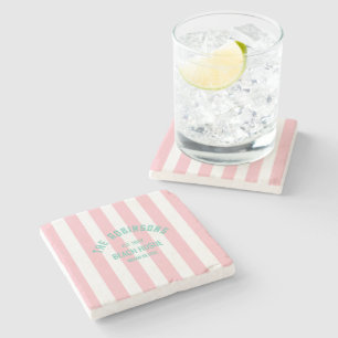 Beach House Custom Name Pink Cabana Stripe Stone Coaster