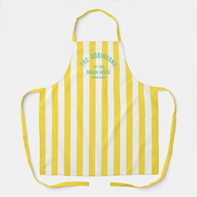 Beach House Custom Name Yellow Cabana Stripe Apron (Front)