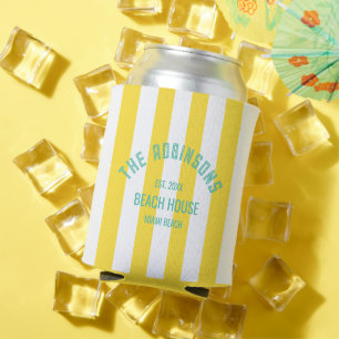 Beach House Custom Name Yellow Cabana Stripe Can Cooler